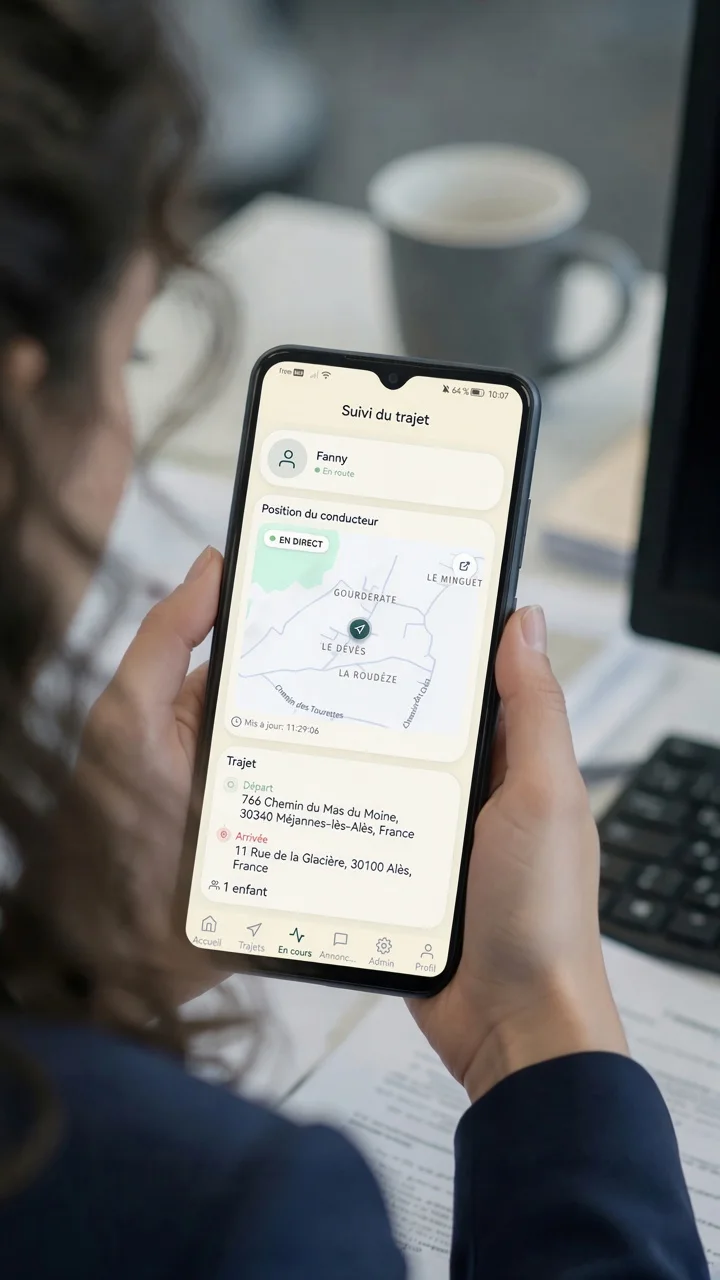 Parent suivant en direct un trajet WIMIT sur son téléphone
